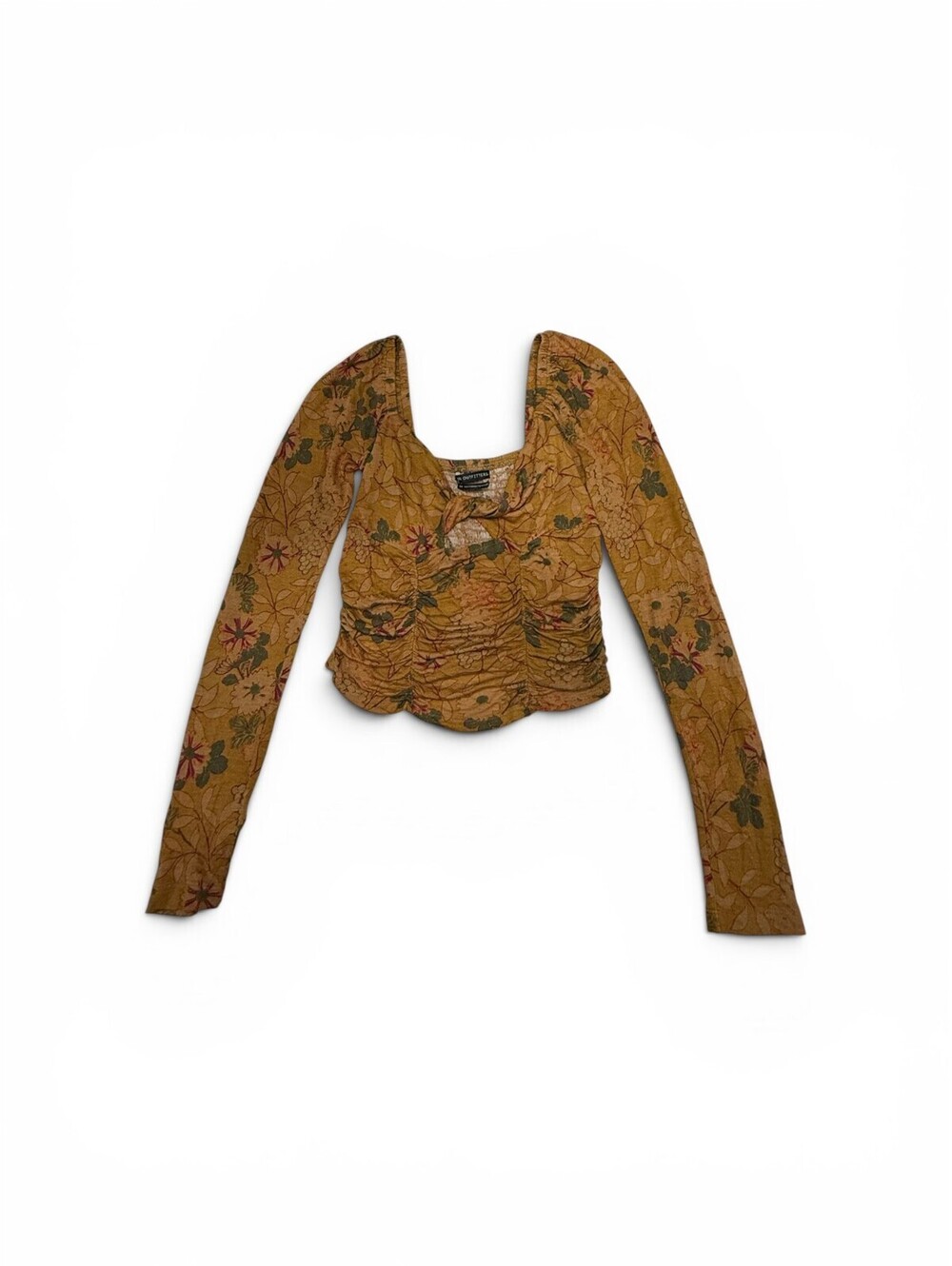 Urban Outfitters Floral Ruched Long Sleeve Top Mustard Brown Size M